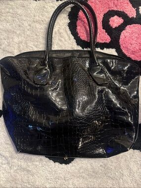 Black Croc-Embossed Patent Tote Bag - Women